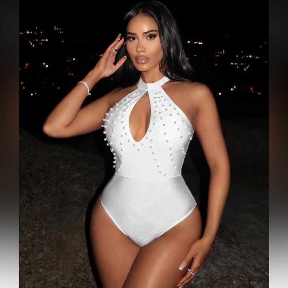 SHEIN White Pearl Embellished Bodysuit